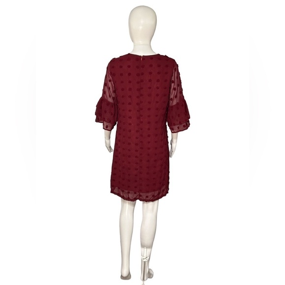 Belonsci Women’s Dress V-Neck Swiss Dot Red Wine Midi Chiffon Shift Size-L NWT - Picture 3 of 5